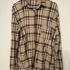 Classic Plaid Beige and Black Women's Button Down Soft Flannel